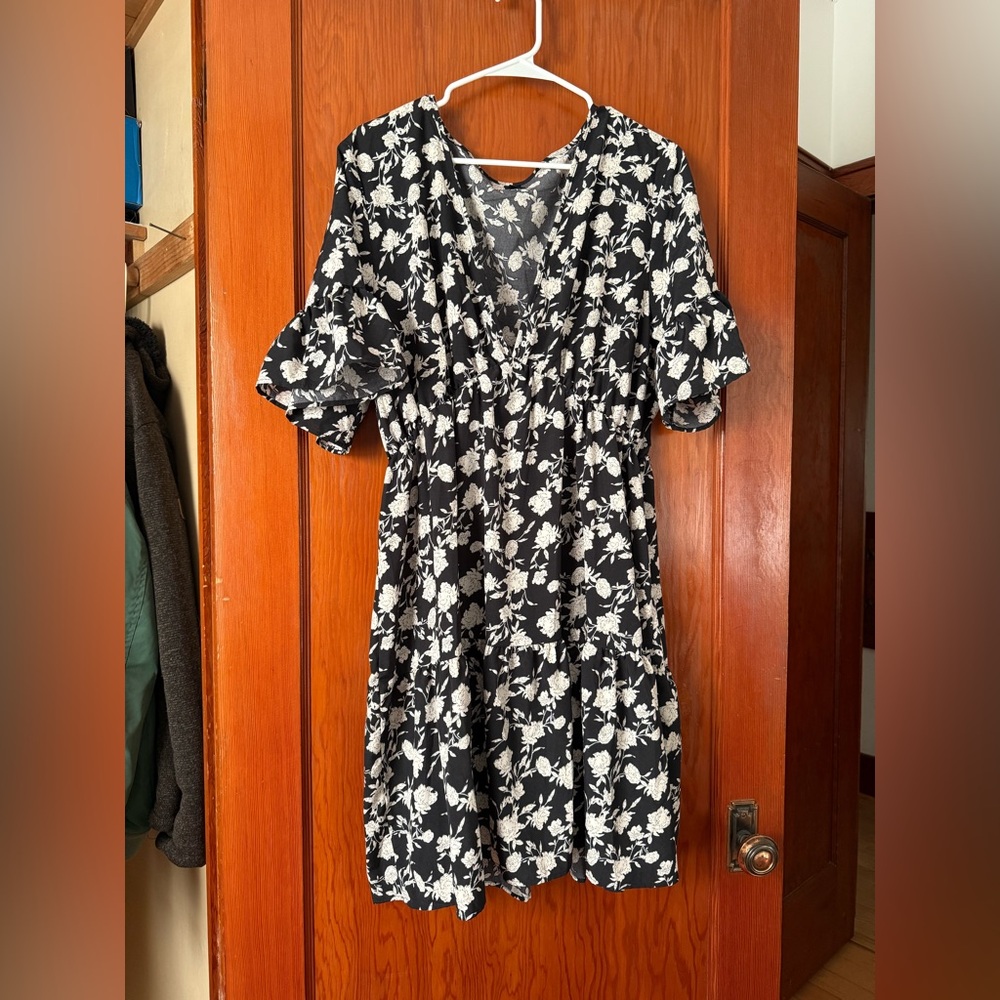 SHEIN Black and White Flutter Sleeve Midi Sundress